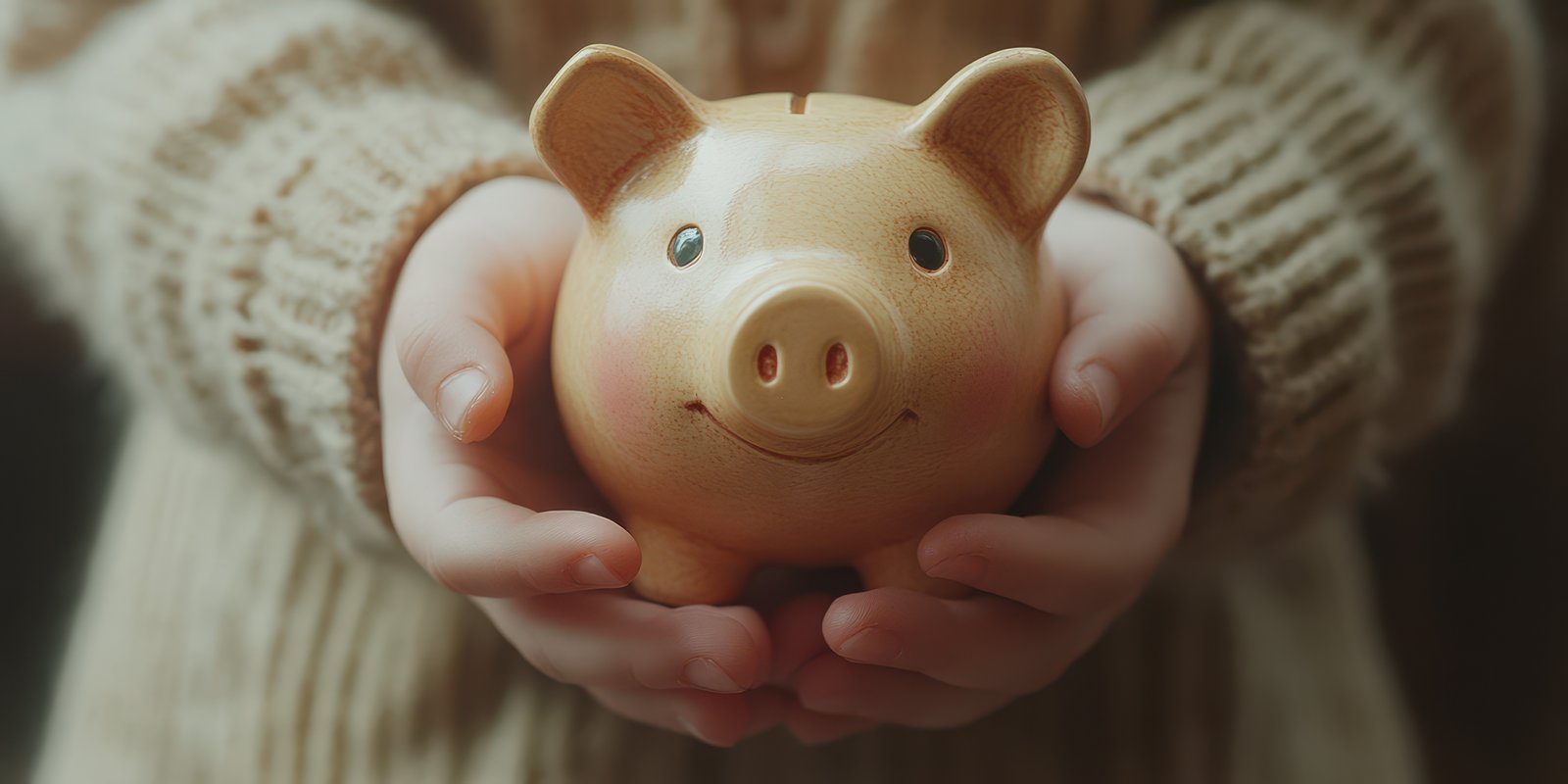 Child holding a smiling piggy bank near a cozy fireplace during the winter season
